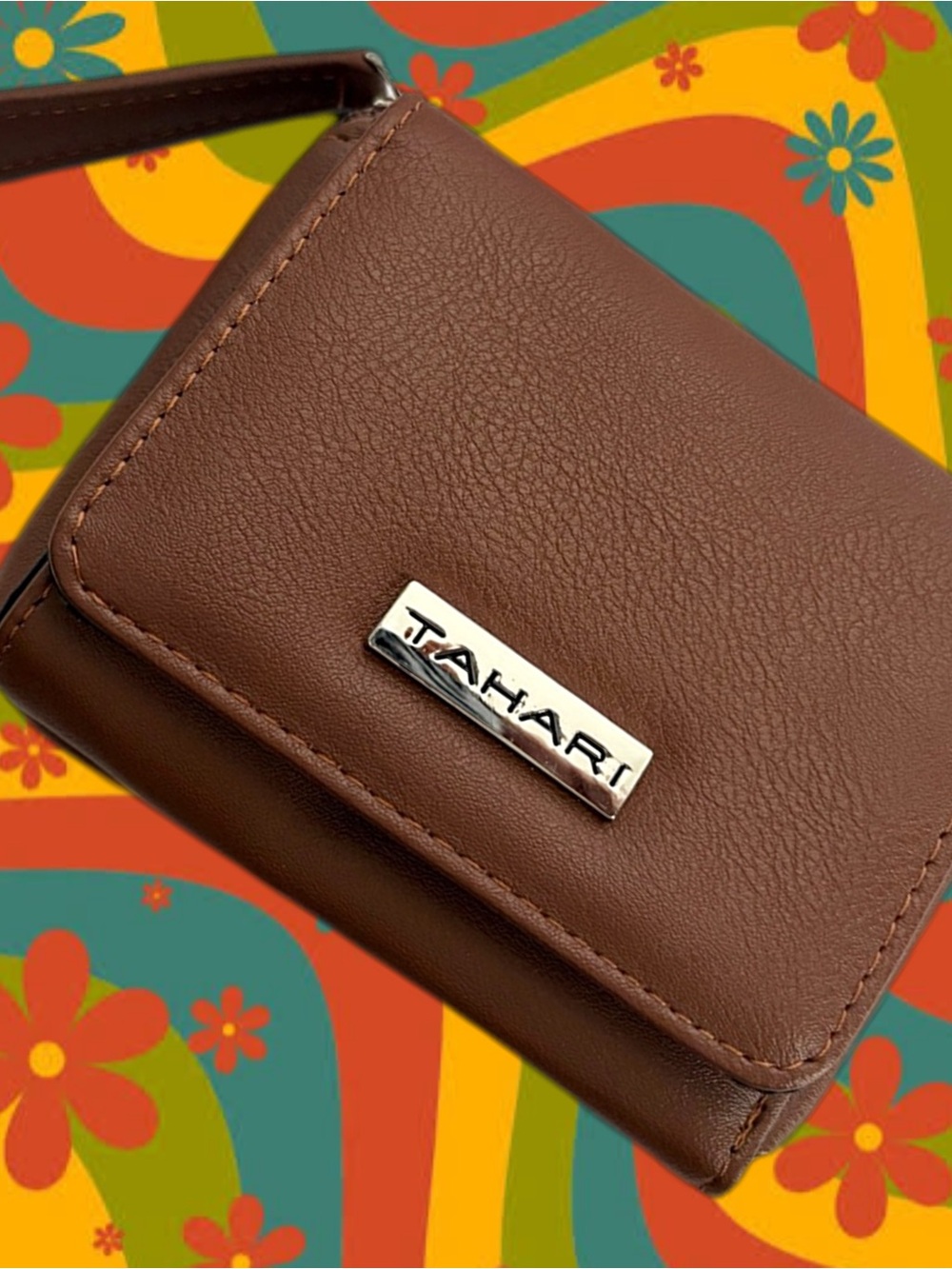 Tahari Faux Leather Brown Card Holder Trifold Snap Wallet